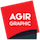 Logo AGIR GRAPHIC : un losange rouge, avec un petit voile noire en bas à droite du losange. AGIR GRAPHIC écrit en blanc au centre du losange rouge.