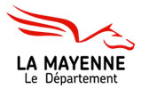 Logo du département de la mayenne : un pégase rouge avec écrit en dessous LA MAYENNE Le Département
