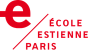 Logo de l'école éstienne de Paris, un e rouge avec le nom de l'école écrit à sa droite