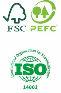 Logo de 3 certifications : la chaîne de contrôle PEFC et FSC, et la norme ISO 14 001