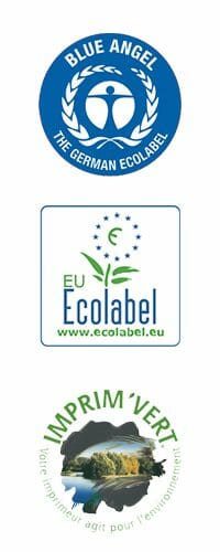Logo de 3 Labels : Blue Angel, Ecolabel, et Imprim'vert